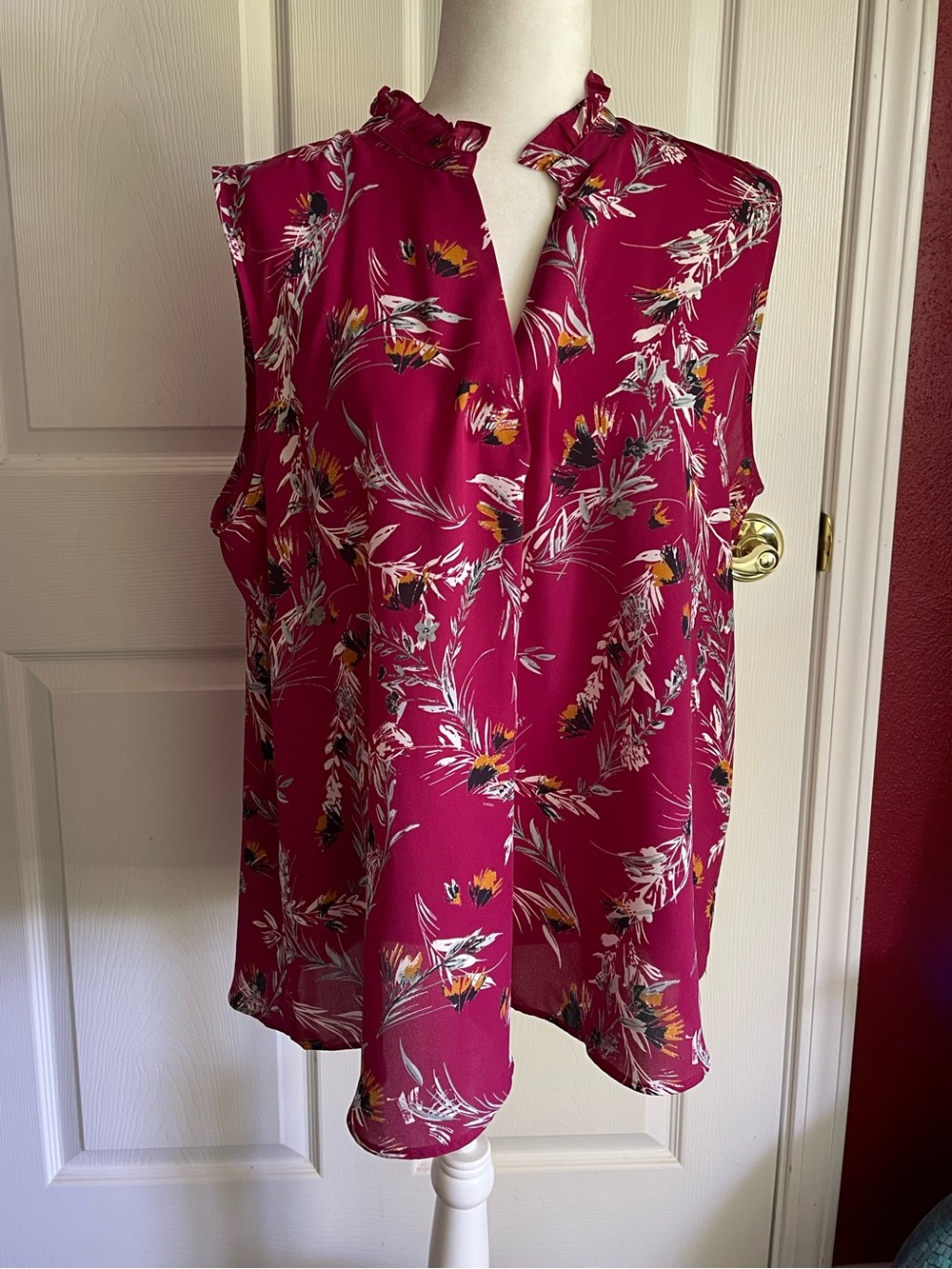 Van Heusen Sleeveless Floral Ruffle Mock-Neck Blouse - Magenta